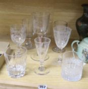 A collection of nine assorted antique etched and cut drinking glasses, tallest 22cm