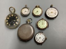 Two pocket watches including a 935 standard hunter, three white metal fob watches and two wrist