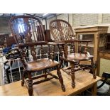 A near pair of 19th century ash and elm Yorkshire Windsor armchairs, larger width 63cm, depth 48cm,