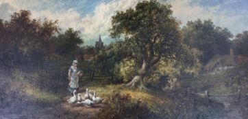 English School, oil on canvas, The Goose Girl, 30 x 60cm