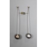 A pair of white metal, cultured Tahitian pearl and diamond set bar earrings,overall length 83mm,