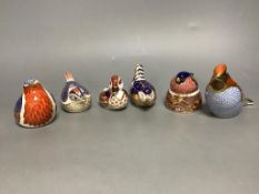 Six Royal Crown Derby bird paperweights, Bullfinch Nesting, Cardinal, Swimming Duckling, Goldcrest,