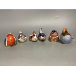 Six Royal Crown Derby bird paperweights, Bullfinch Nesting, Cardinal, Swimming Duckling, Goldcrest,