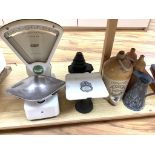 Two sets of scales, three stoneware bottles etc