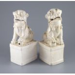 A pair of Chinese Dehua blanc de chine Buddhist lion joss stick holders, Kangxi period,each