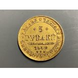 A Russian Nicholas I five rouble gold coin, 1842