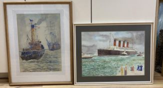 Noel Mostert, watercolour, Aquitania coming into harbour, signed and dated '87