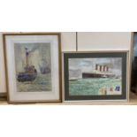 Noel Mostert, watercolour, Aquitania coming into harbour, signed and dated '87