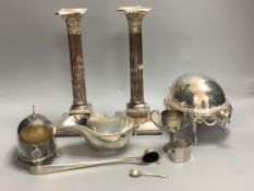 A pair of silver-plated Corinthian column candlesticks, height 28cm a small roll-top breakfast