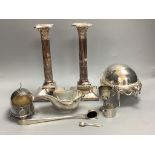 A pair of silver-plated Corinthian column candlesticks, height 28cm a small roll-top breakfast