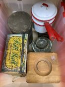 Vintage kitchenalia to include a nest of treen canisters various moulded glass jelly moulds,