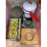 Vintage kitchenalia to include a nest of treen canisters various moulded glass jelly moulds,