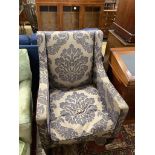 A contemporary armchair with silver/ blue patterned fabric, width 74cm, depth 76cm, height 100cm