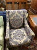 A contemporary armchair with silver/ blue patterned fabric, width 74cm, depth 76cm, height 100cm