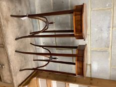 A pair of Sheraton style octagonal inlaid mahogany urn stands, width 33cm, height 75cm