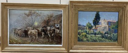 A. Riberon, oil on board, Cattle leaving a barn, signed, 33 x 49cm and an oil of a woman in a