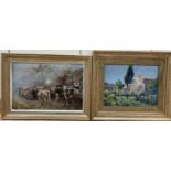 A. Riberon, oil on board, Cattle leaving a barn, signed, 33 x 49cm and an oil of a woman in a