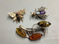 Two diamond and gemstone-set yellow metal insect brooches, largest 25mm, gross 7.8 grams and a