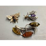 Two diamond and gemstone-set yellow metal insect brooches, largest 25mm, gross 7.8 grams and a