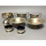 A pair of George V silver pedestal nut dishes, a small silver bowl with lion mask handles, a silver