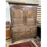 A George III inlaid oak press cupboard, width 140cm, depth 60cm, height 184cm