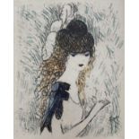 Marie Laurecin, coloured etching, Portrait of a lady, unsigned, 8 x 6.5cm