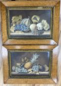 Victorian School, pair of watercolours, Still lifes of fruit upon ledges, 28 x 42cm, maple framed