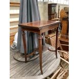 An Edwardian mahogany and satinwood banded swivel top card table, width 60cm, depth 40cm, height