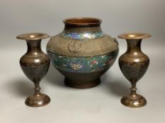 A Japanese champleve enamel bronze vase and a pair of Indian enamelled bronze vases, tallest 20cm
