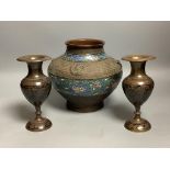 A Japanese champleve enamel bronze vase and a pair of Indian enamelled bronze vases, tallest 20cm