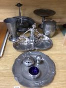 Tudric pewter wares - a Rose Bowl, a comport, a jar and cover, a vase and a three-piece cruet set