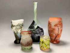 Five 20th century cameo or enamelled glass vases, height 25cm