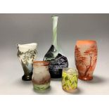 Five 20th century cameo or enamelled glass vases, height 25cm