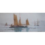 Ernest Stuart (fl.1889-1915)Sail barges off the coastWatercolourSigned23 x 53 cm.