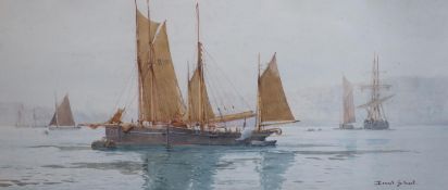 Ernest Stuart (fl.1889-1915)Sail barges off the coastWatercolourSigned23 x 53 cm.