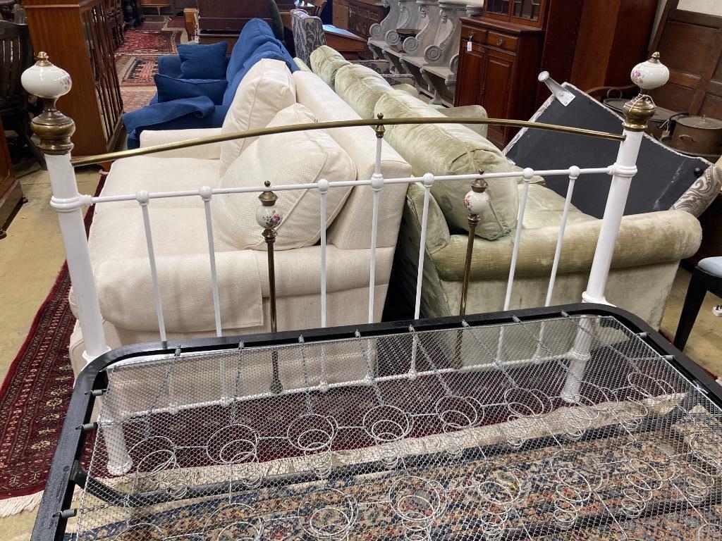 A Victorian style brass and painted iron porcelain mounted bed frame, width 150cm, length 210cm - Image 3 of 3