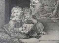 19th century English School, pencil drawing, Study of two children reading a picture book,