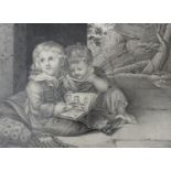 19th century English School, pencil drawing, Study of two children reading a picture book,