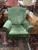 A Victorian style lounge armchair, with green upholstery, width 84cm, depth 74cm, height 96cm