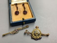 A 15ct gold amethyst and pearl-set bar brooch, gross 2.1 grams, an RAMC 9ct gold and enamel