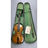 An early 20th century violin, unlabelled case, with bow, length 60cmUnmarked