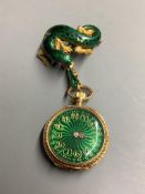 A lady's continental 18k and green enamel fob watch, on a yellow metal, enamel and gem set