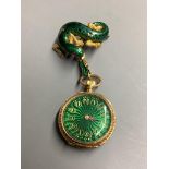 A lady's continental 18k and green enamel fob watch, on a yellow metal, enamel and gem set