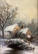 W. Stone, oil on canvas board, Cottages in winter, signed, 35 x 24cm