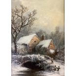 W. Stone, oil on canvas board, Cottages in winter, signed, 35 x 24cm