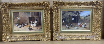 After J.F Herring, pair oil oils panel, Rabbits, poulty and other birds in farmyards, initialled D.