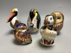 Five Royal Crown Derby bird paperweights, Barn Owl, Little Grey Owl, Aurora Mother Penguin, Puffin