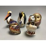 Five Royal Crown Derby bird paperweights, Barn Owl, Little Grey Owl, Aurora Mother Penguin, Puffin