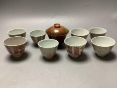 A 19th century Chinese painted soapstone rice bowl and cover and a group of red enamelled porcelain