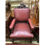 A set of ten Victorian 17th century style oak dining chairs,each having carved pierced top rail on